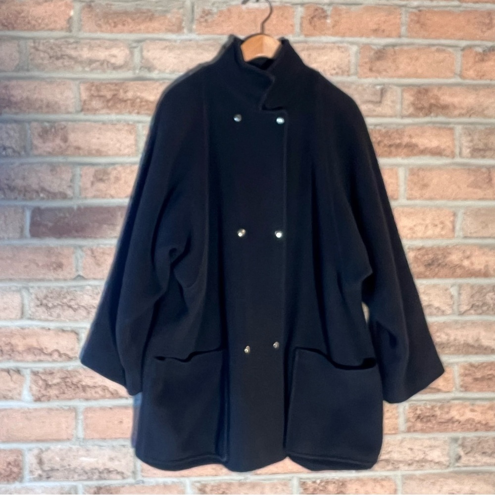 EATON Vintage Coat Double Breasted Ribbed Batwing Black Wool - Picture 14 of 15
